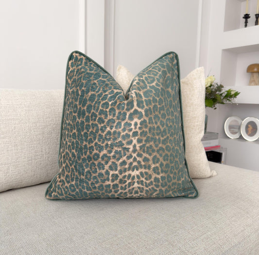 Velvet Leopard Print Cushion Cover with Piping Green Animal Print Throw Pillow Cover for Sofa or Bed