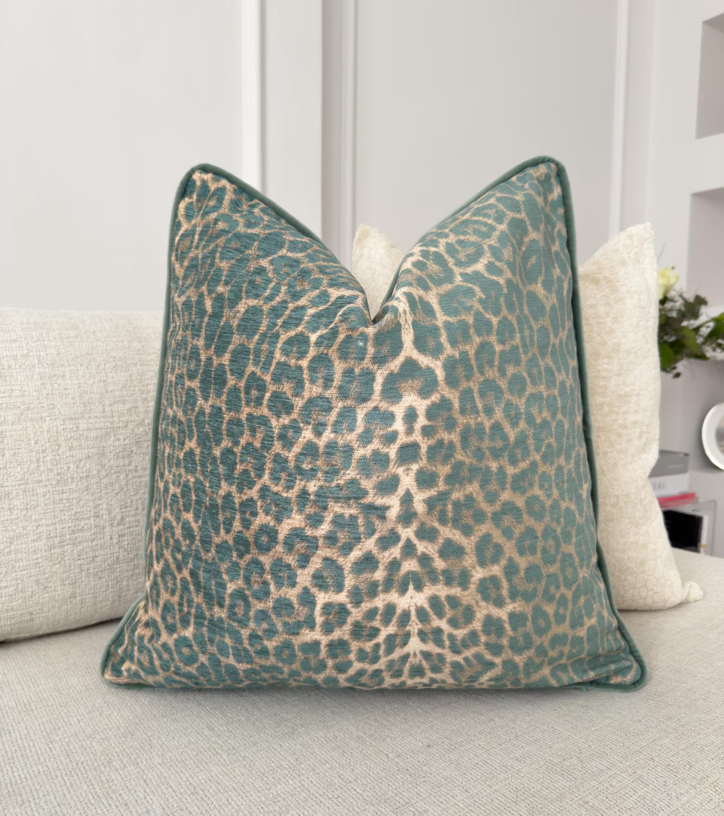 Velvet Leopard Print Cushion Cover with Piping Green Animal Print Throw Pillow Cover for Sofa or Bed