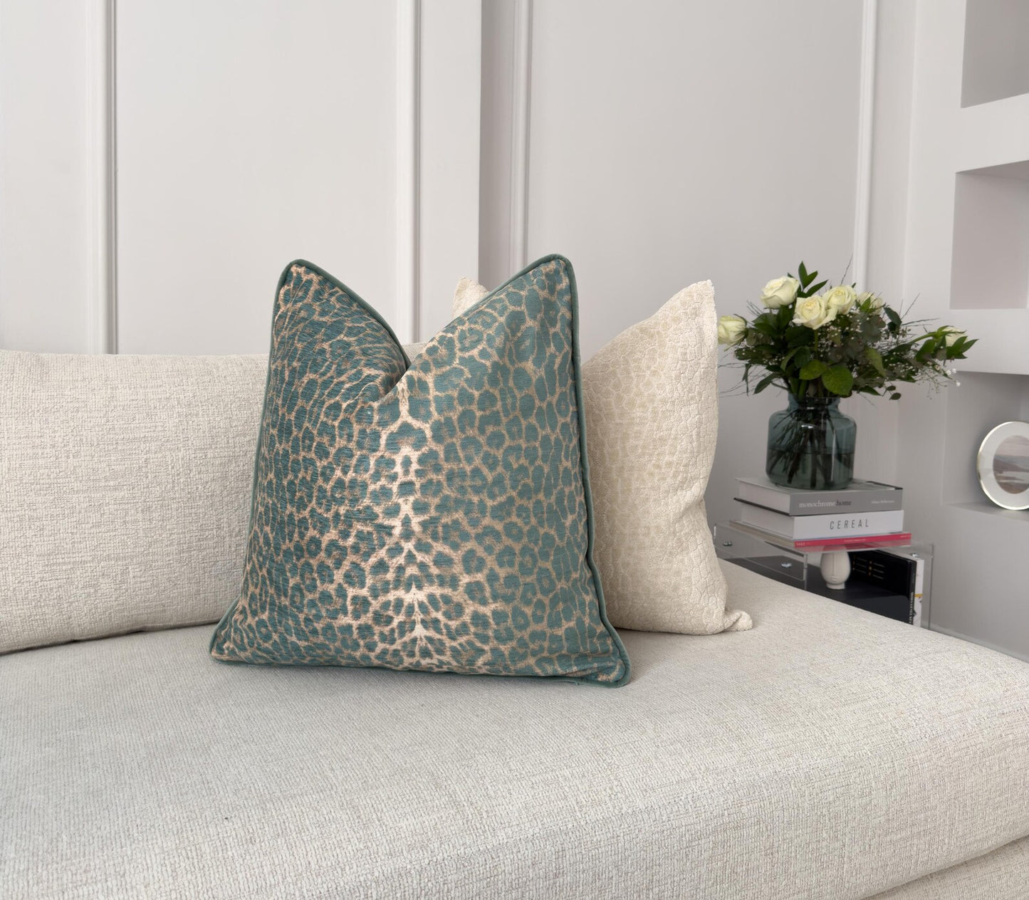 Velvet Leopard Print Cushion Cover with Piping Green Animal Print Throw Pillow Cover for Sofa or Bed
