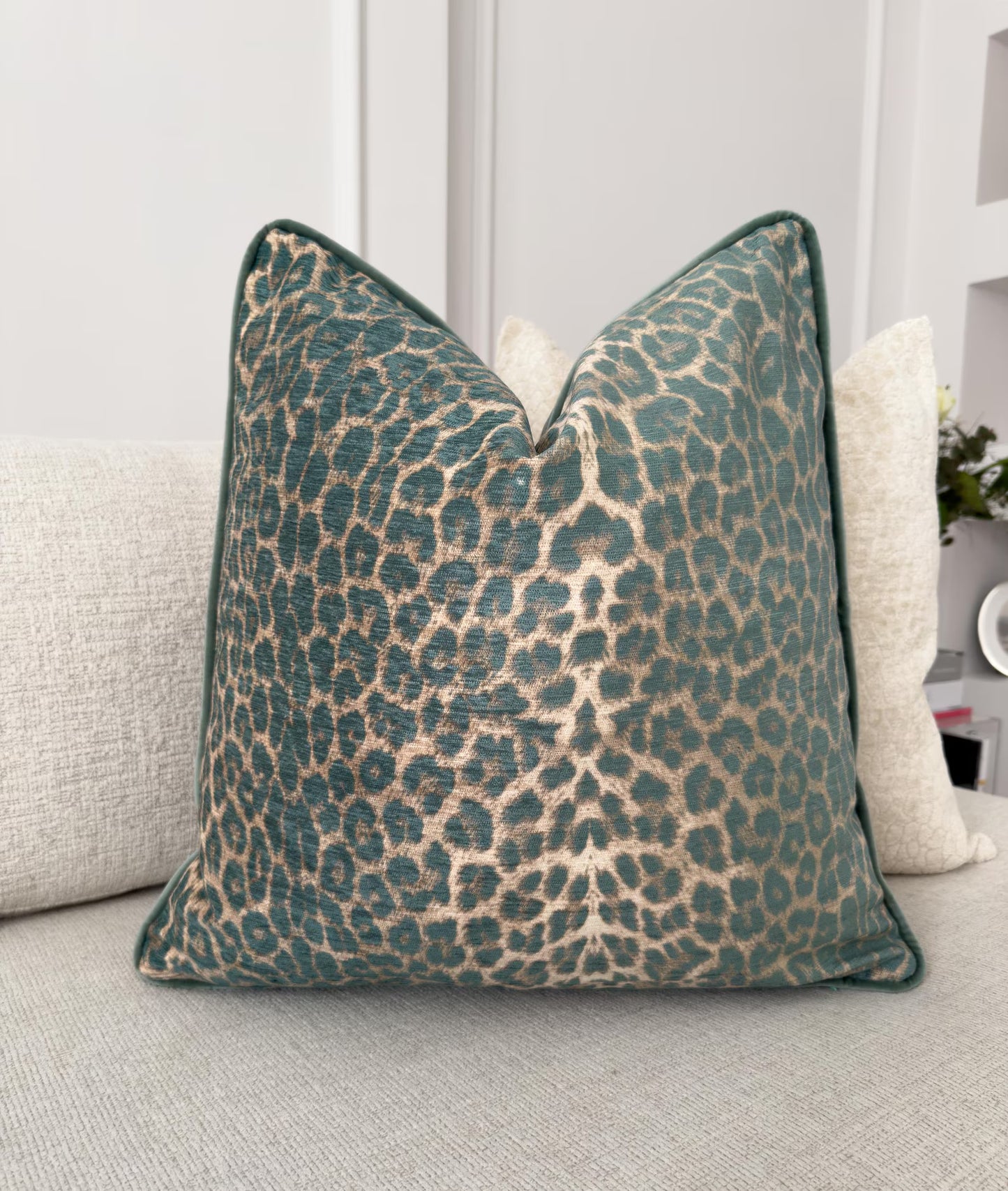 Velvet Leopard Print Cushion Cover with Piping Green Animal Print Throw Pillow Cover for Sofa or Bed