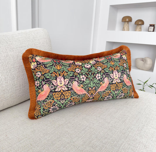 Velvet William Morris Strawberry Thief Pillow Cover with Terracotta Fringe Accent Pillow Cover Mid Century Design Cushion Cover