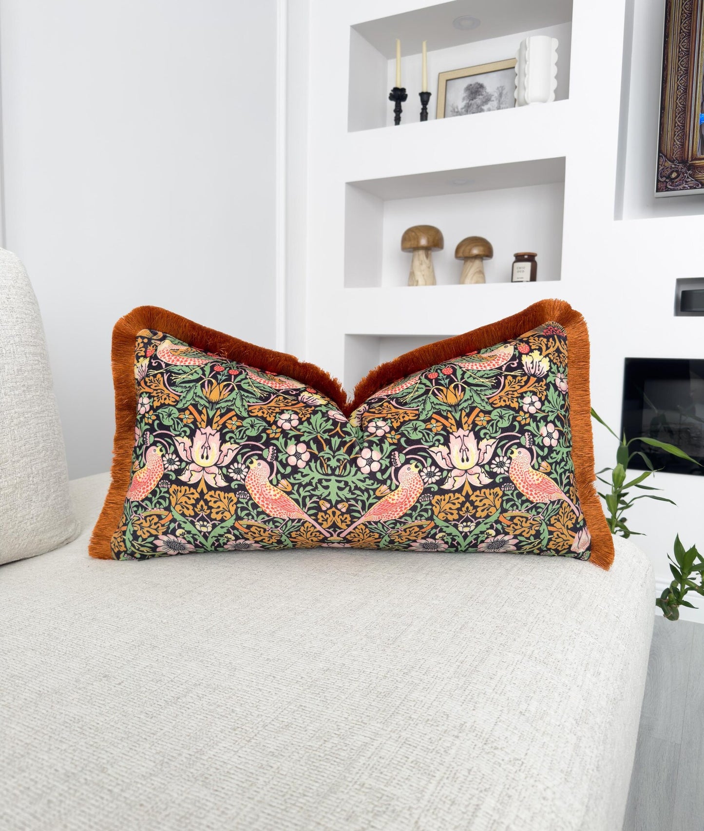 Velvet William Morris Strawberry Thief Pillow Cover with Terracotta Fringe Accent Pillow Cover Mid Century Design Cushion Cover