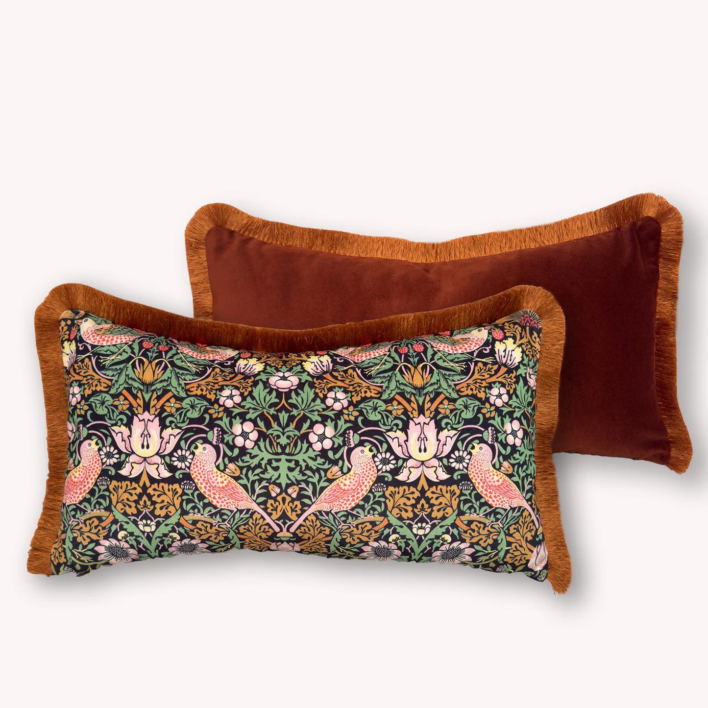 Velvet William Morris Strawberry Thief Pillow Cover with Terracotta Fringe Accent Pillow Cover Mid Century Design Cushion Cover