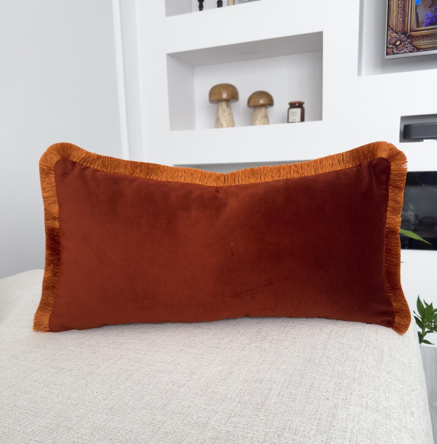 Velvet William Morris Strawberry Thief Pillow Cover with Terracotta Fringe Accent Pillow Cover Mid Century Design Cushion Cover
